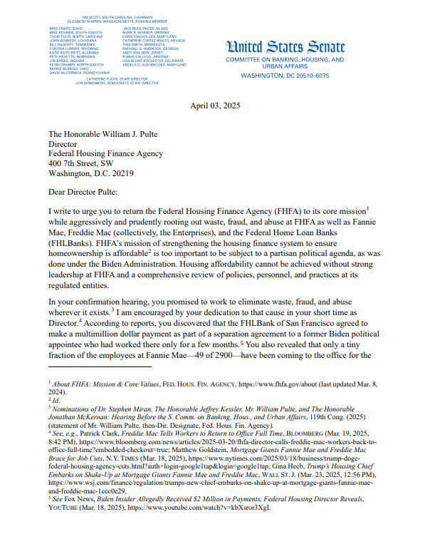 BankingGOP's tweet photo. .@SenatorTimScott is calling on @FHFA to eliminate waste, fraud, &amp; abuse at the agency &amp; its regulated entities.

“The mission of strengthening the housing finance system to ensure homeownership is affordable is too important to be subject to a partisan political agenda...” https://t.co/jw0c1pjLdN