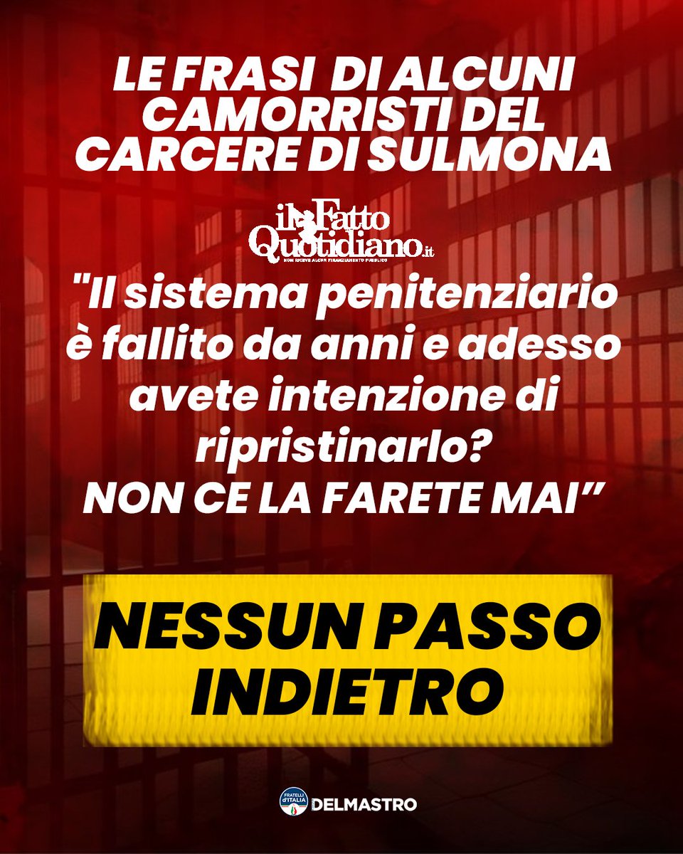 NESSUN PASSO INDIETRO.

Con il Governo Meloni si ripristina l’ordine, si riafferma la legalità, si restituisce autorevolezza allo Stato anche dentro le carceri.
La criminalità può minacciare, insultare, provare a intimidire. Ma non ci fermeranno.