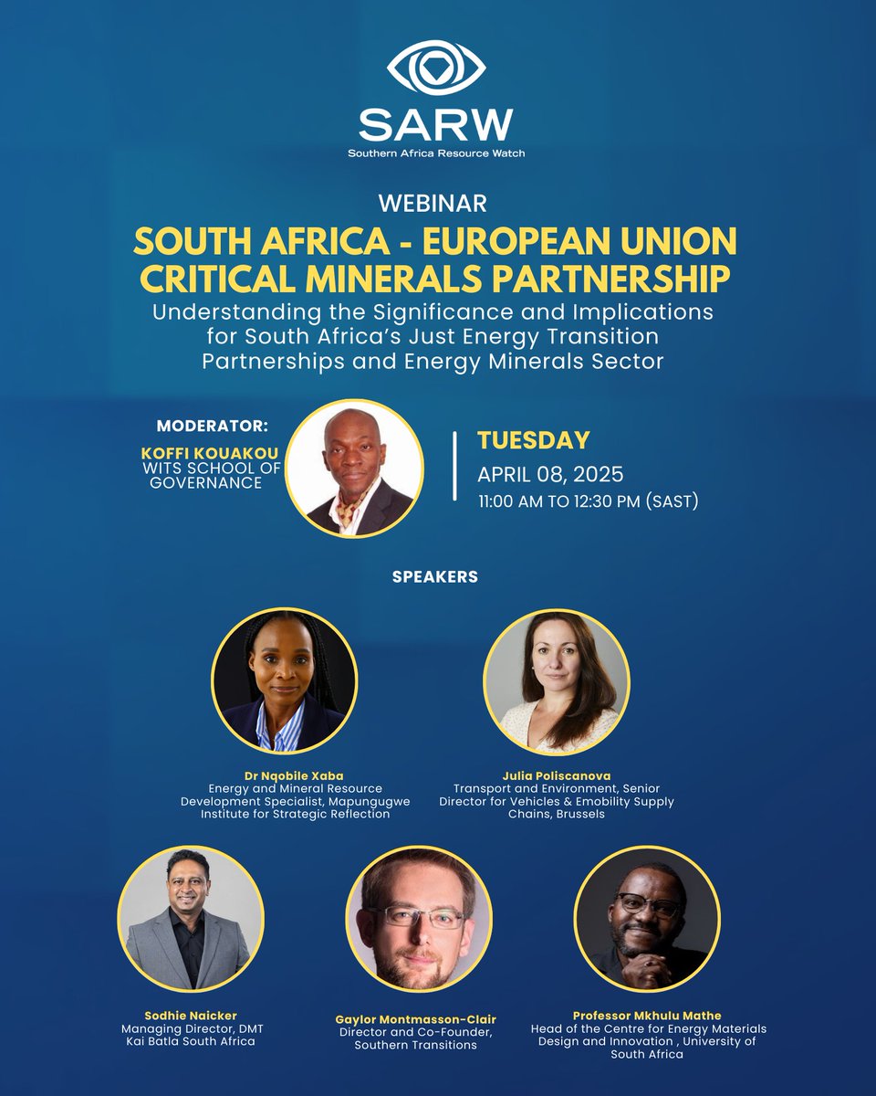 The_SARWatch's tweet image. 📌 Have you registered yet?

Join us on Tuesday, 8 April 2025 | 11:00–12:30 SAST for a timely webinar on the South Africa–European Union Critical Minerals Partnership.

This conversation will unpack what this partnership means for South Africa’s efforts to develop local value…
