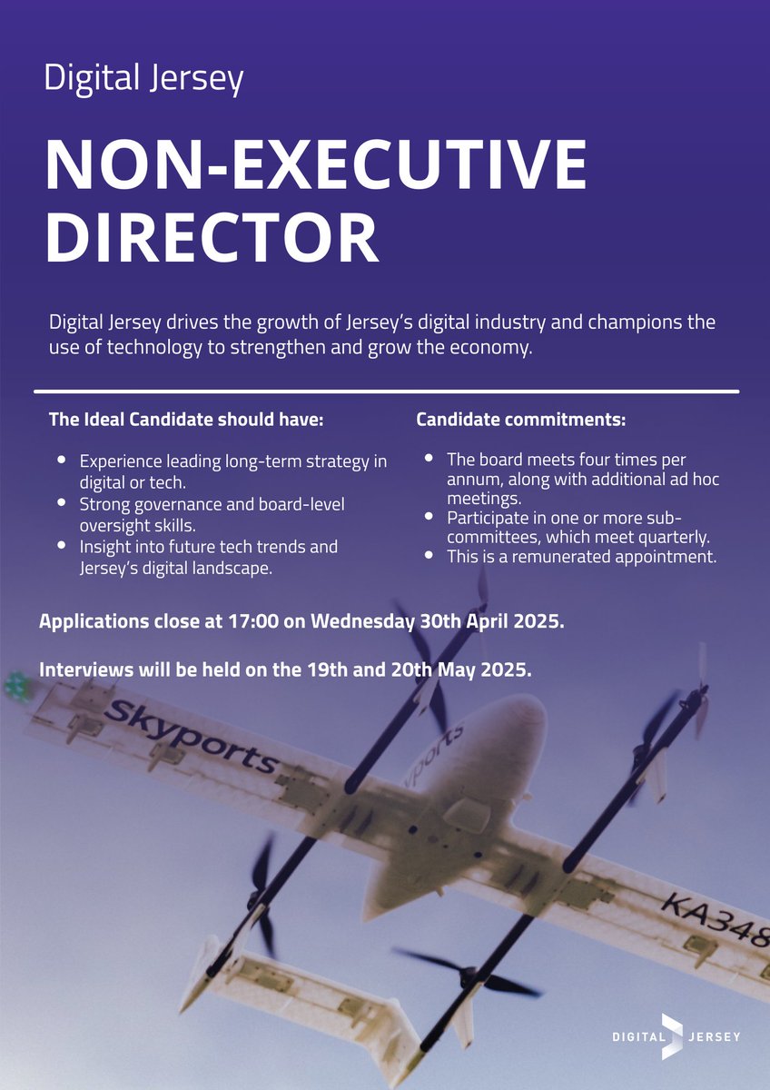 We're looking for Digital Champion's to help shape Jersey’s future.

Digital Jersey is seeking up to two dynamic &amp; experienced Non-Executive Directors to join our Board.

For more information &amp; to apply, click the link below ⬇️

eu1.hubs.ly/H0j1QJV0

Deadline: 30th April 2025