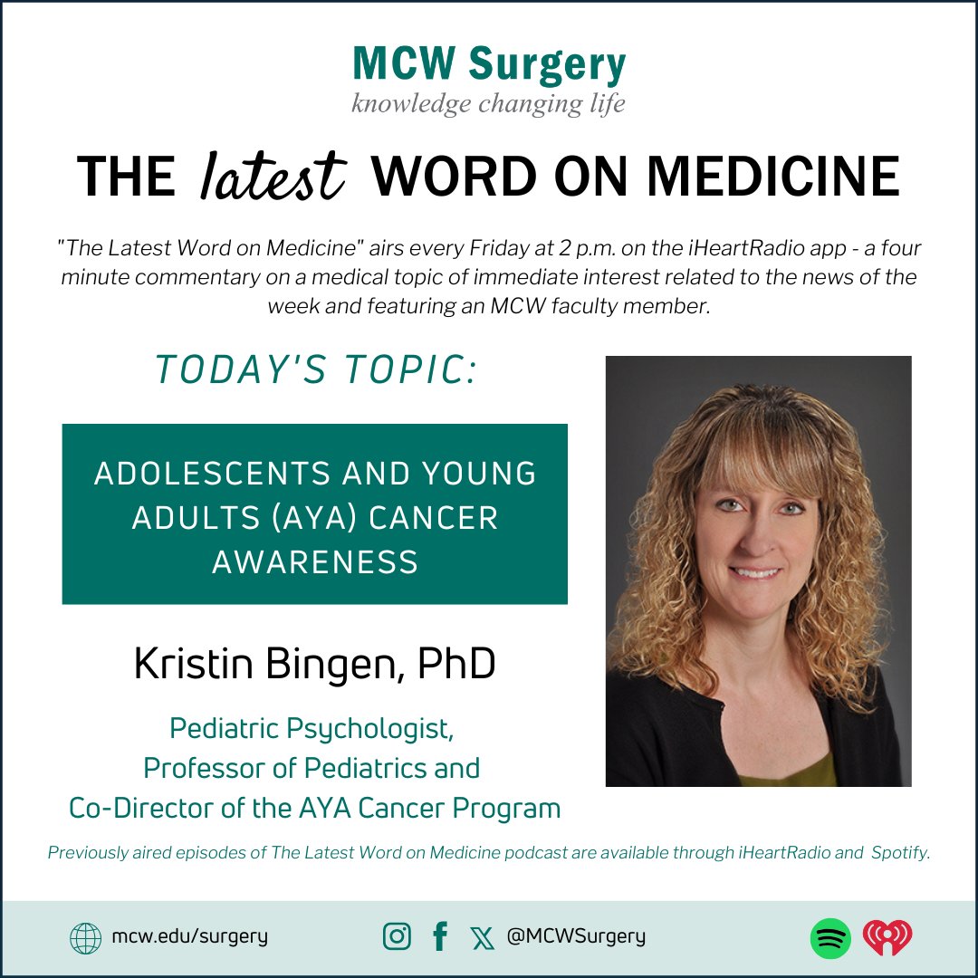 MCW Surgery (@mcwsurgery) on Twitter photo 🎙️The #LatestWordOnMedicine airs at 2PM on <a href="/iHeartRadio/">iHeartRadio</a> & will discuss Adolescent and Young Adult (AYA) Cancer Awareness with Dr. Kristin Bingen!
Listen here: ow.ly/OrPL50PM7B1
#LeadingTheWay <a href="/MedicalCollege/">Medical College of Wisconsin</a> <a href="/Froedtert/">Froedtert</a> 🎙️The #LatestWordOnMedicine airs at 2PM on <a href="/iHeartRadio/">iHeartRadio</a> & will discuss Adolescent and Young Adult (AYA) Cancer Awareness with Dr. Kristin Bingen!
Listen here: ow.ly/OrPL50PM7B1
#LeadingTheWay <a href="/MedicalCollege/">Medical College of Wisconsin</a> <a href="/Froedtert/">Froedtert</a>
