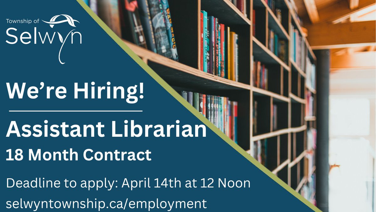 The Selwyn Public Library is hiring an Assistant Librarian for an 18-month contract to assist with the day-to-day operations of our municipal library service.

Deadline to apply: April 14th at 12 Noon

selwyntownship.ca/en/business-ce…
