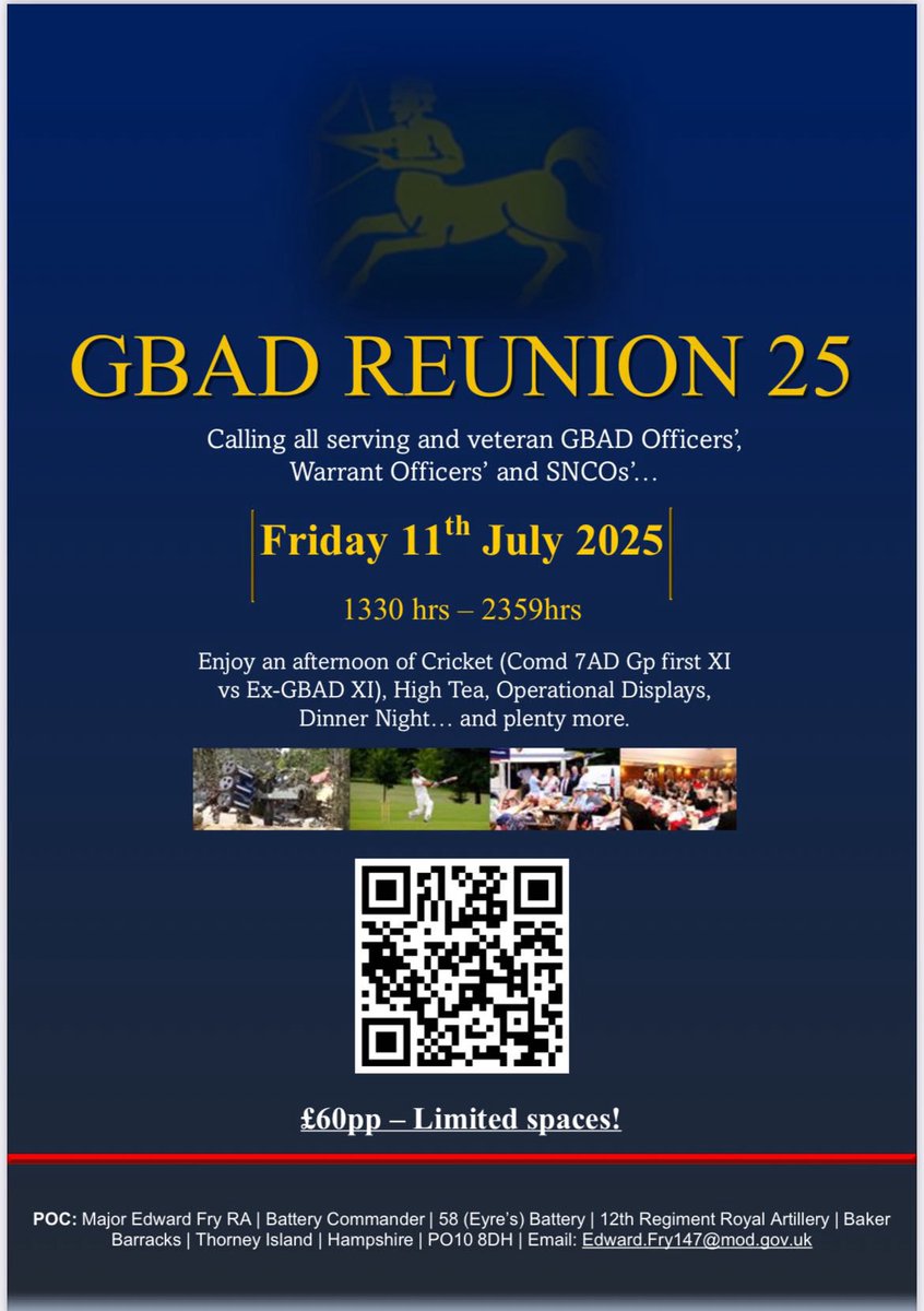 Calling all serving and former Air Defenders! 

On Friday 11th July, <a href="/7AirDefence/">Commander 7th Air Defence Group</a> are hosting a reunion event on Thorney Island and you’re welcome to join! Full details can be found by following the QR Code below.

#FINDandSTRIKE

<a href="/12regtra/">12 Regt RA</a> <a href="/16RegtRA/">16 Regt RA</a>