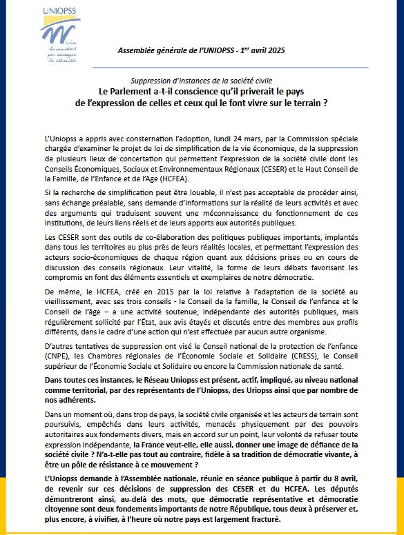 🚨Face à la suppression annoncée des CESER et du <a href="/HCFEAofficiel/">Haut Conseil famille, enfance et âge</a>, l'Uniopss a adopté une motion lors de son AG du 2 avril, demandant à l'<a href="/AssembleeNat/">Assemblée nationale</a> de revenir sur la décision prise par la Commission spéciale.

🔎bit.ly/3XBYTdB