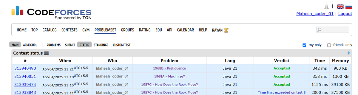 MaheshSavant02's tweet image. 🚀 Codeforces Daily Problem Solves:

✅ 1957C - How Does the Rook Move?
✅ 1968A - Maximize?
✅ 1968B - Prefiquence
Today’s coding grind continues! 💻🔥
#Codeforces #CompetitiveProgramming #100DaysOfCode #Java #LeetCode #Algorithms #ProblemSolving