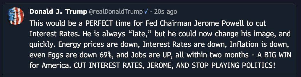 🇺🇸 JUST IN: Donald Trump urges Fed Chair Jerome Powell to cut interest rates immediately, calling it the “perfect time” and accusing him of “playing politics.”