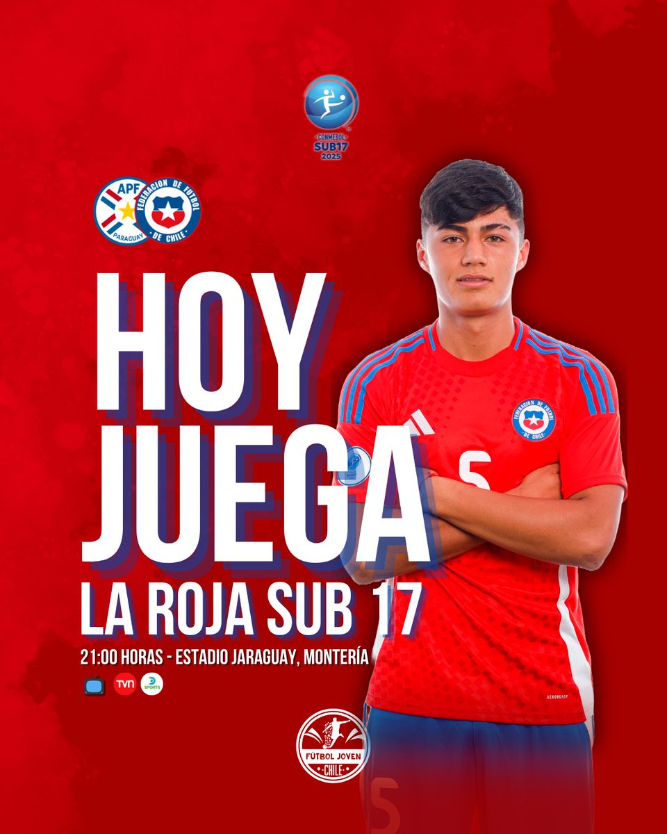 HOY JUEGA #LAROJA 🇨🇱

🏆 CONMEBOL Sudamericano #Sub17 
🆚 Paraguay 🇵🇾
🕘 21:00 horas
🏟️ Jaraguay, Montería
📺 <a href="/TVN/">TVN</a> <a href="/DSports/">DSPORTS</a>