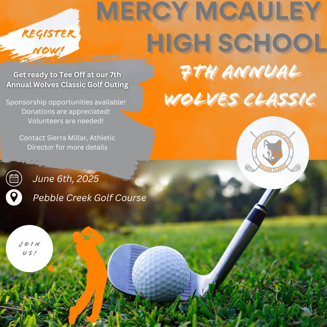 Registration is LIVE for our 7th Annual Wolves Classic Golf Outing! Join us Friday, June 6th at Pebble Creek Golf Course for an AWESOME day of golf ⛳️ 

ALL ARE WELCOME! 

Register online here: mercymcauley.org/athletics/regi…

LETS SUPPORT OUR WOLVES! 🧡🐺