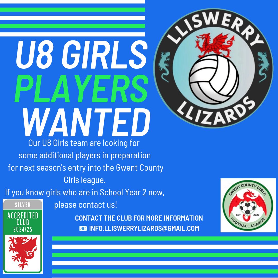LliswerryLizard's tweet photo. Our girls section is continually growing and as part of this expansion, we are looking for additional girl players.
Specifically to add to our existing U7's team in preparation for the teams entry into the U8's Gwent County Girls league for season 2025/26. 🦎⚽💙 https://t.co/iyKm6jQ9pt