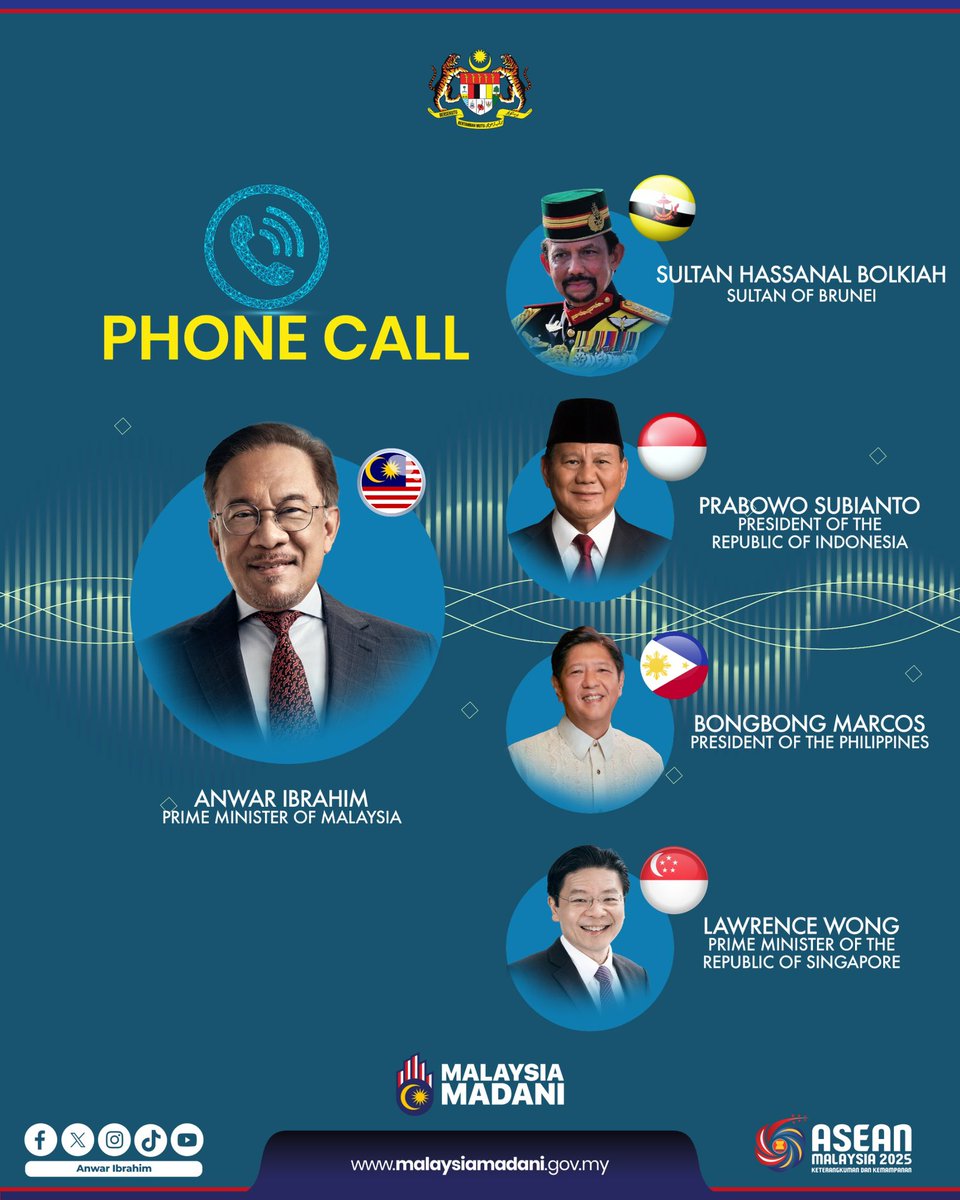 Hari ini saya berkesempatan mengadakan perbincangan menerusi perbualan telefon bersama pimpinan negara ASEAN antaranya Indonesia, Filipina, Brunei Darussalam dan Singapura bagi mendapatkan pandangan serta menyelaraskan tindak balas bersama terkait isu tarif timbal balik Amerika