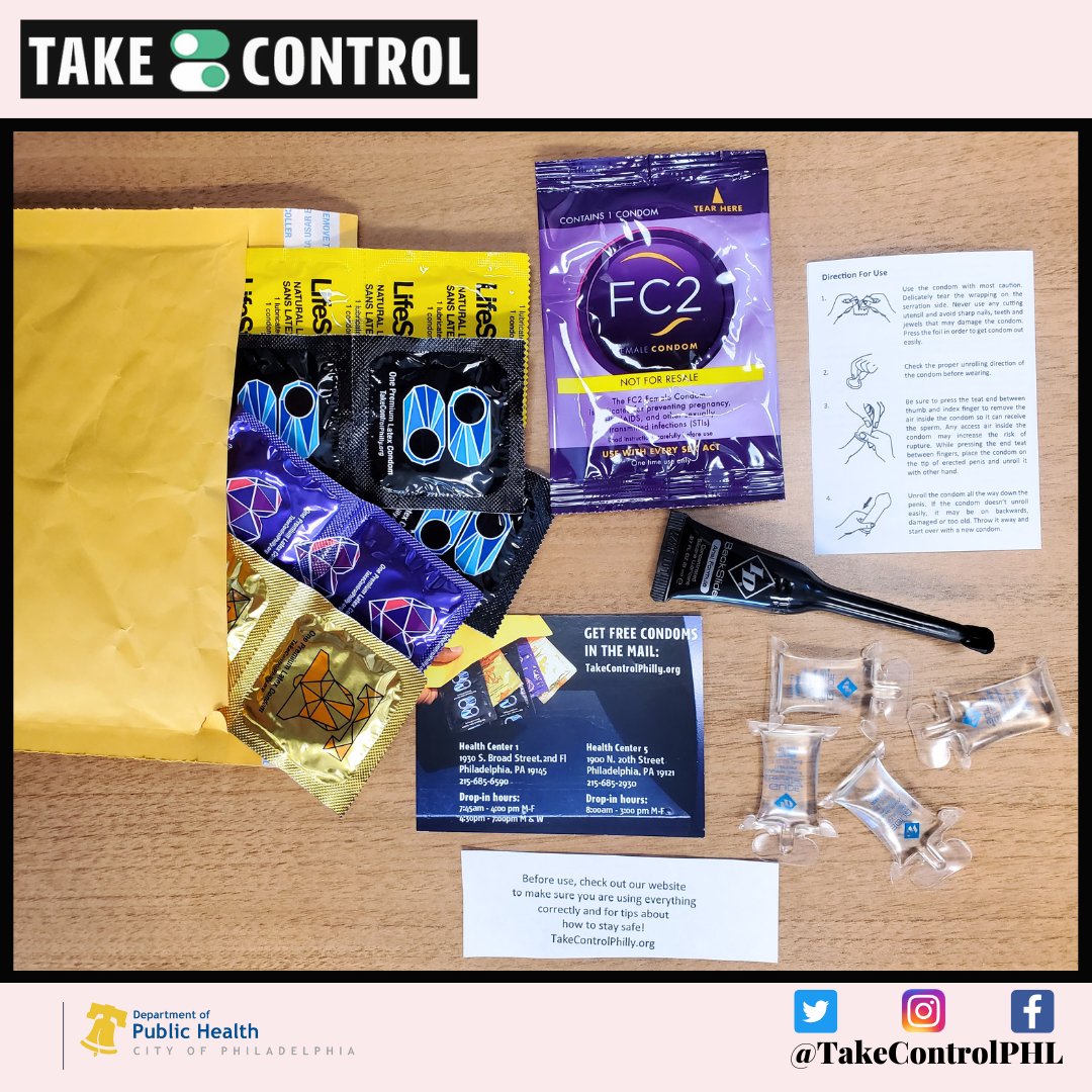 Take control of your sexual health?  Our free condom packages are here to help!  Get your free condoms mailed discreetly today from TakeControlPhilly.org.
Inside your package:
📷 Condoms
📷 Internal condoms (FC2)
📷 Instructions for safe use
📷 Helpful resources to guide you!