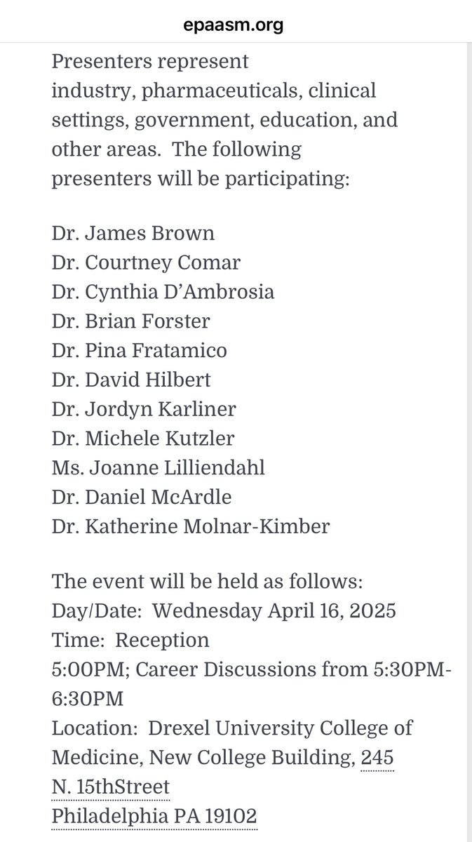 EasternPABranchASM (@epaasmbranch) on Twitter photo The <a href="/EPAASM_Students/">EPAASM- Student Leadership</a> Chapter will be hosting a career event on April 16 at <a href="/DrexelUniv/">Drexel University</a>. Event details on our website epaasm.org <a href="/ASMicrobiology/">ASM</a> #PhiladelphiaScience The <a href="/EPAASM_Students/">EPAASM- Student Leadership</a> Chapter will be hosting a career event on April 16 at <a href="/DrexelUniv/">Drexel University</a>. Event details on our website epaasm.org <a href="/ASMicrobiology/">ASM</a> #PhiladelphiaScience