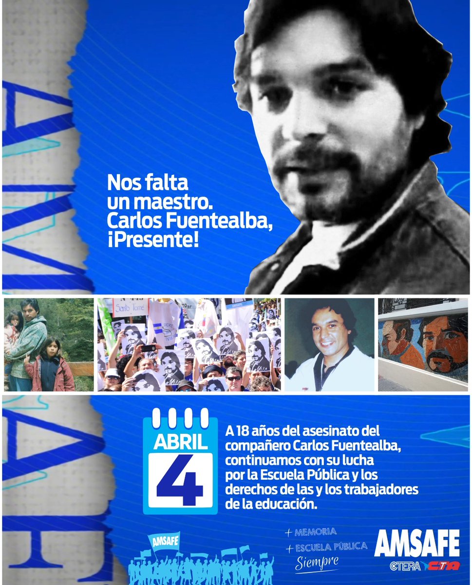 ✔️ A 18 AÑOS DEL ASESINATO DEL COMPAÑERO CARLOS FUENTEALBA, CONTINUAMOS CON SU LUCHA POR LA ESCUELA PÚBLICA Y LOS DERECHOS DE LAS Y LOS TRABAJADORES DE LA EDUCACIÓN.

¡CARLOS FUENTEALBA, PRESENTE!