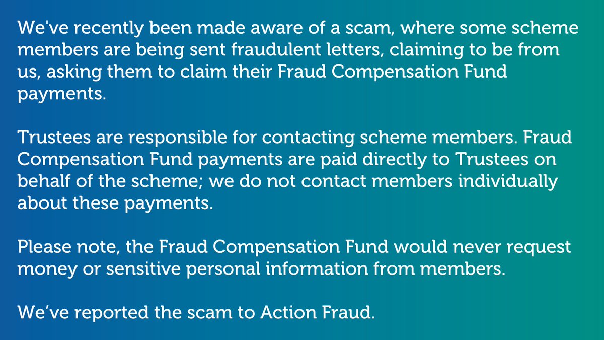 We’ve recently been made aware of a scam asking some scheme members to claim their payments. Trustees are responsible for contacting members; we do not contact members individually about payments.