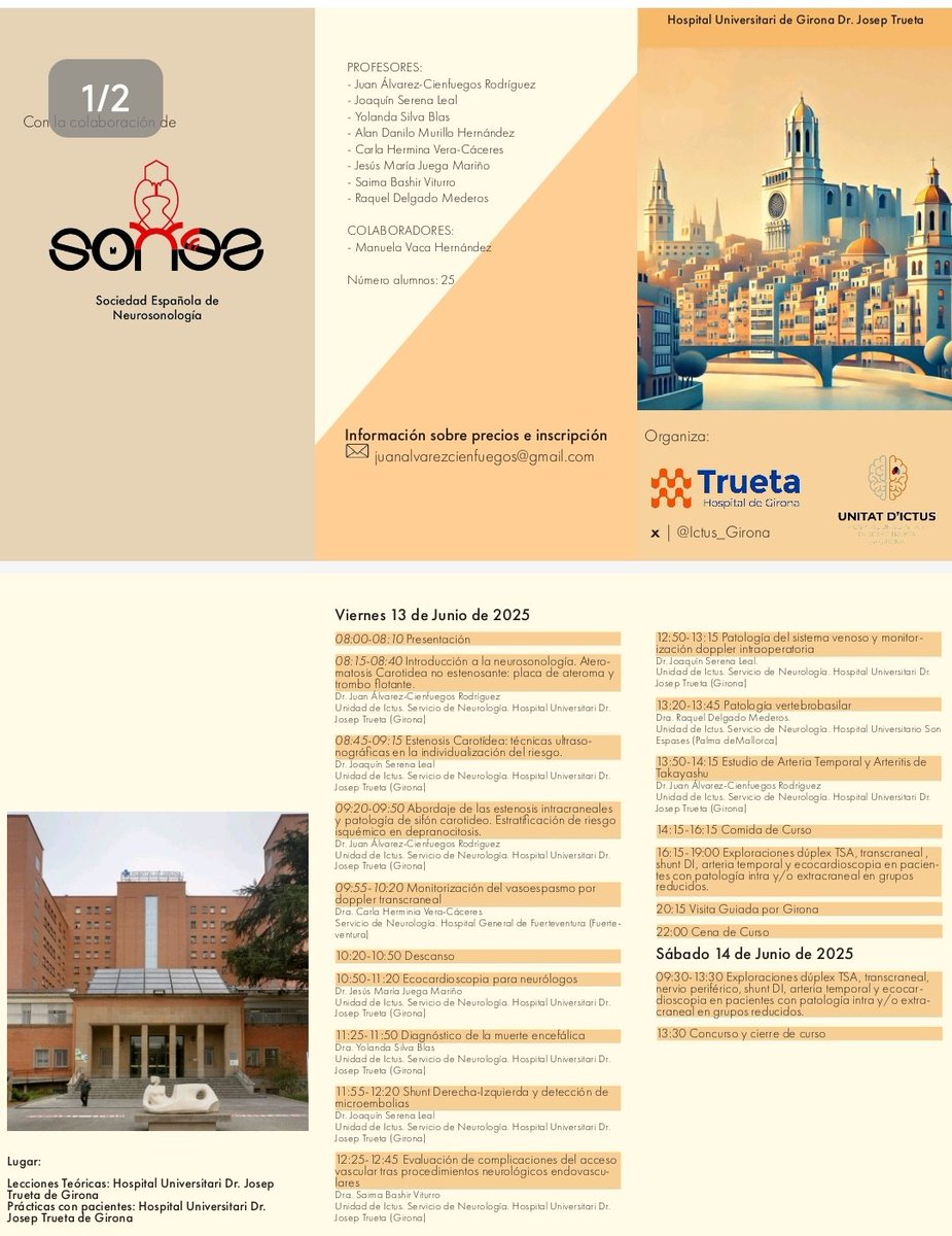 III Curso de ecografía para unidades de ictus del Hospital Universitario Josep Trueta.📌 Girona 🗓️ 13 y 14 de junio. 25 plazas. Os dejamos toda la información 👇🏻👇🏻 Inscríbete y no te quedes sin plaza.