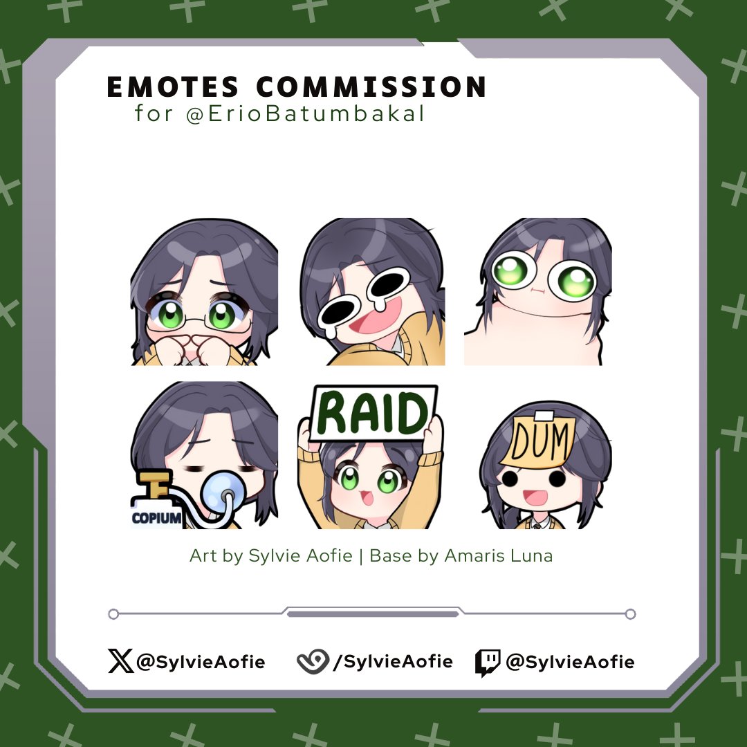 Emotes for <a href="/eriobatumbakal/">erio</a>.

4 YCH base by @/imamarisss and 2 customize by me ehe (KEKW and Dum)

──────────── ✦ ────────────
#VGenComm 

Help me get verified by commissioning me on VGen 𖹭
vgen.co/SylvieAofie