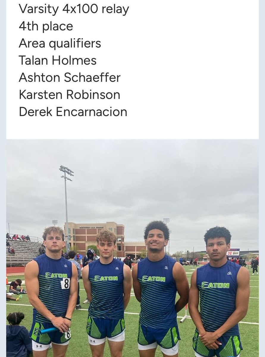 Day 2 District results
<a href="/KarstenRobinson/">Karsten Robinson🏈(kar)</a> <a href="/talanholmes_2/">Talan Holmes</a> <a href="/saigenoelallen/">Saige Noel-Allen</a> <a href="/EatonHighSchool/">Eaton Eagles</a> <a href="/NISDAthletics/">NISD Athletics</a> <a href="/EatonEagleFB/">Eaton Eagle Football</a>