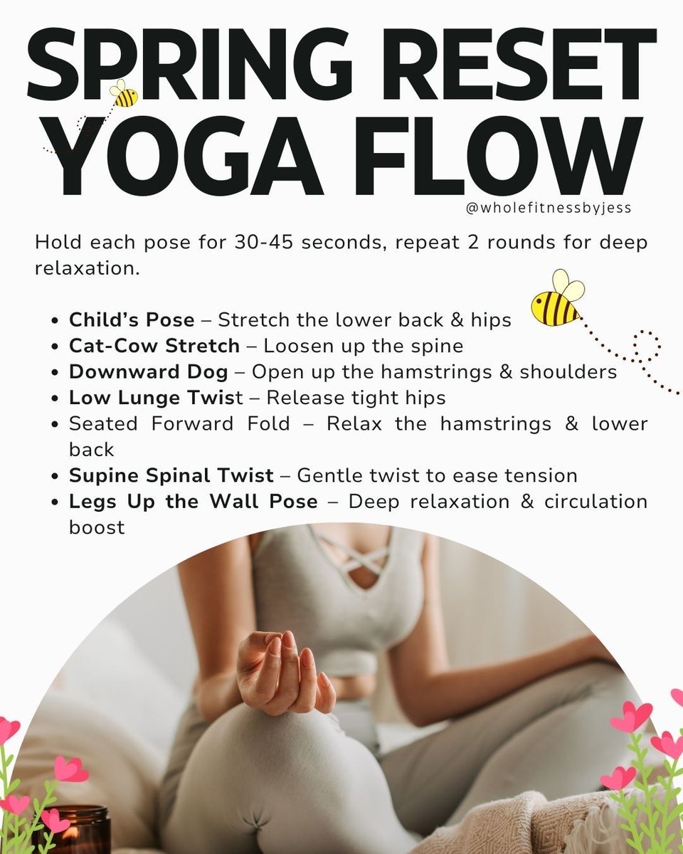 WFitnessbyJess's tweet image. Spring is for fresh starts! 🌿✨ Flow through this gentle yoga sequence to reset your mind &amp;amp; body or use it as a recovery day. Take a deep breath, stretch, and let go of tension. 🌸💆‍♀️ Try 2 rounds &amp;amp; feel the difference! #SpringReset #YogaFlow