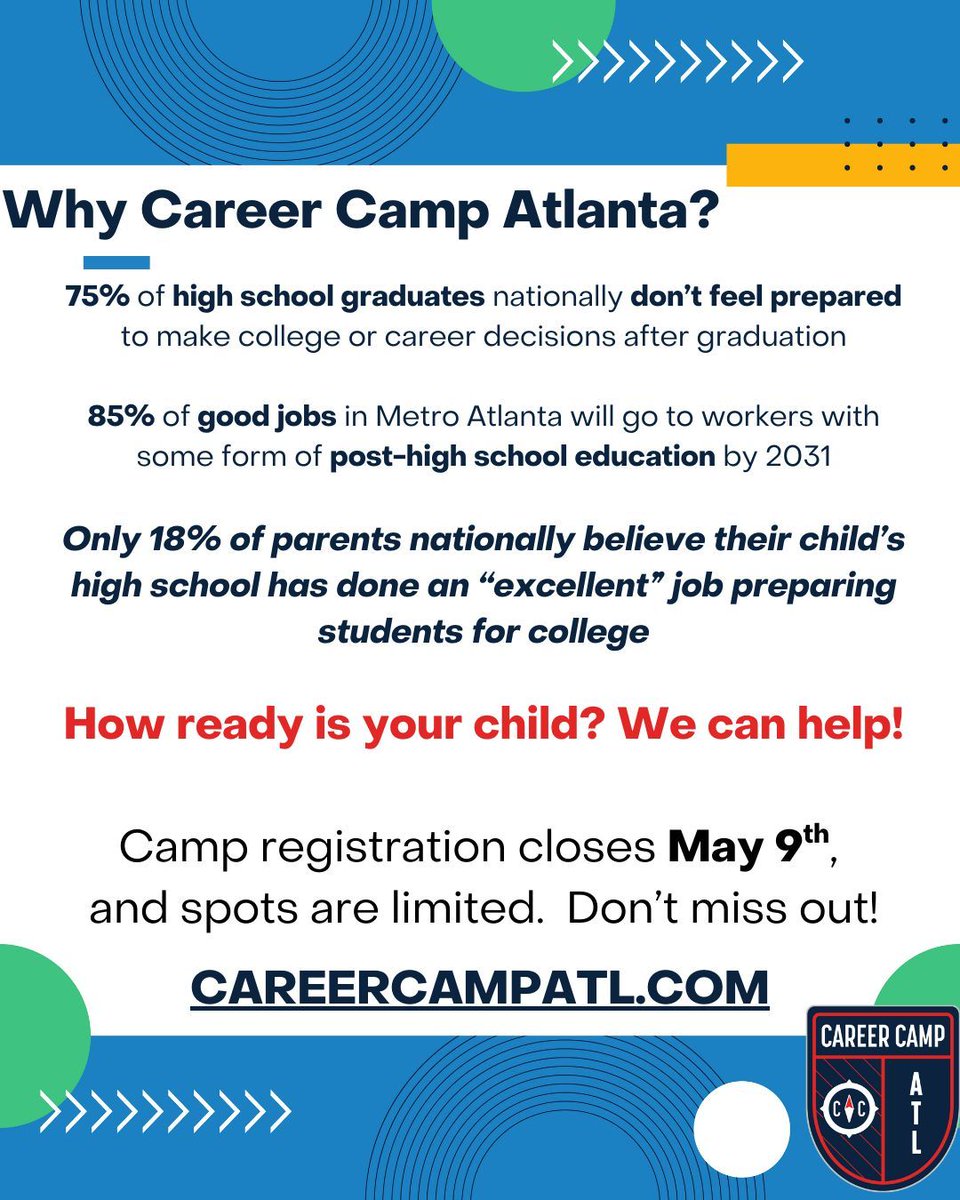 Is your child truly prepared for what comes after high school?

Check out the graphic below to see why preparing NOW matters more than ever and how Career Camp Atlanta can help.

Registration closes May 9th! Secure your spot at CAREERCAMPATL.COM.