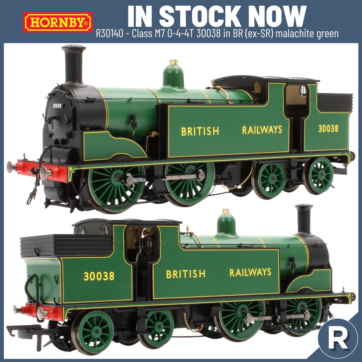 🚂 In stock now is Hornby's latest edition of the OO Gauge LSWR Class M7 0-4-4T, now available in this BR transitional era malachite green colour scheme! Order yours for £193.49: tinyurl.com/27s4zjrb
