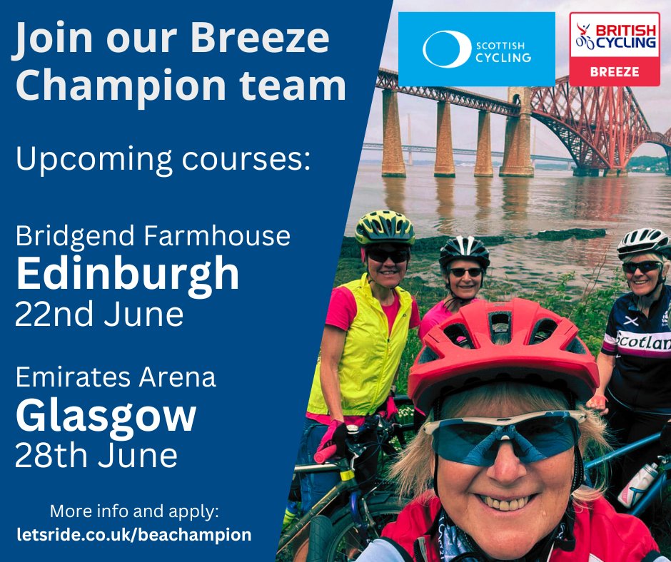 🚴‍♀️ Become a Breeze Champion! 🚴‍♀️Help more women (re)discover the joy of cycling! 🌟

📍 Edinburgh – 22nd June (FULL – join the waitlist)
📍 Glasgow – 28th June (PLACES AVAILABLE)

FREE training, kit and support—just lead 8 rides a year! Sign up now: letsride.co.uk/beachampion