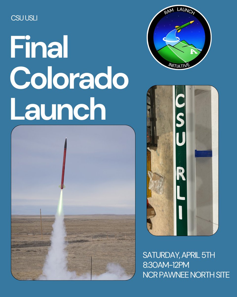 CSU_USLI's tweet image. Come watch our final Colorado rocket launch tomorrow before we head to competition! Here's everything you need to know:
Location: North Launch Site — GPS: 40.885835, -104.638787
Date: Saturday, April 5th
Team Arrival: 8:30 AM to begin rocket assembly
Launch Window: 10–11 AM