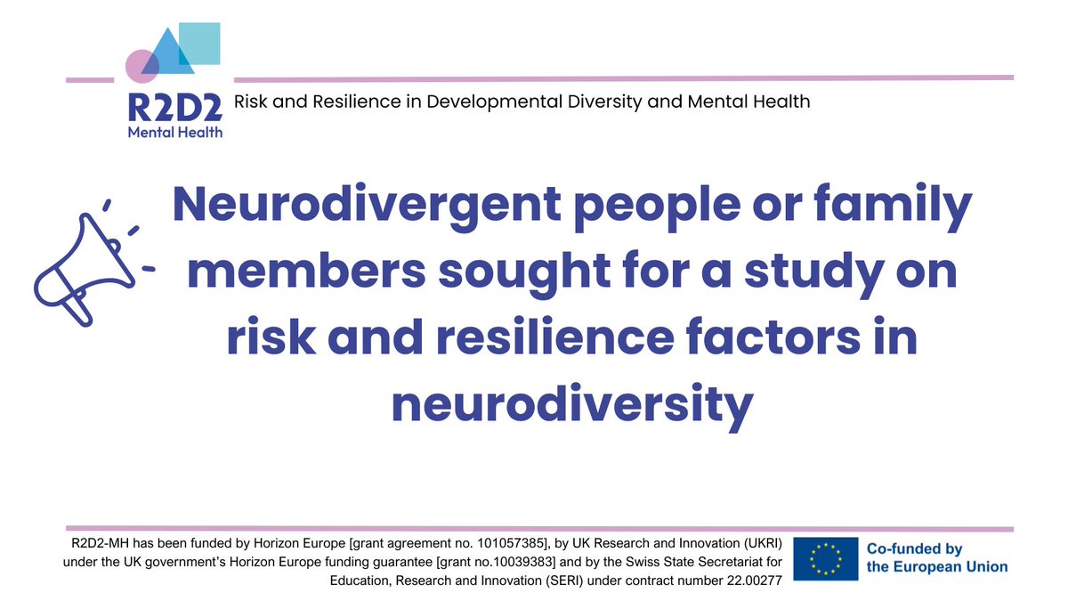 R2D2-MH project (@r2d2mh) on Twitter photo 📢 Are you #neurodivergent or a family member? Join a study on #resilience & #wellbeing conducted at <a href="/karolinskainst/">Karolinska Institutet</a>.
ℹ️ Info: r2d2-mh.eu/participants-s…
📝 Register your interest: survey.ki.se/Survey/40716
#R2D2MH #Autism #ADHD #Cocreation #MentalHealth 📢 Are you #neurodivergent or a family member? Join a study on #resilience & #wellbeing conducted at <a href="/karolinskainst/">Karolinska Institutet</a>.
ℹ️ Info: r2d2-mh.eu/participants-s…
📝 Register your interest: survey.ki.se/Survey/40716
#R2D2MH #Autism #ADHD #Cocreation #MentalHealth