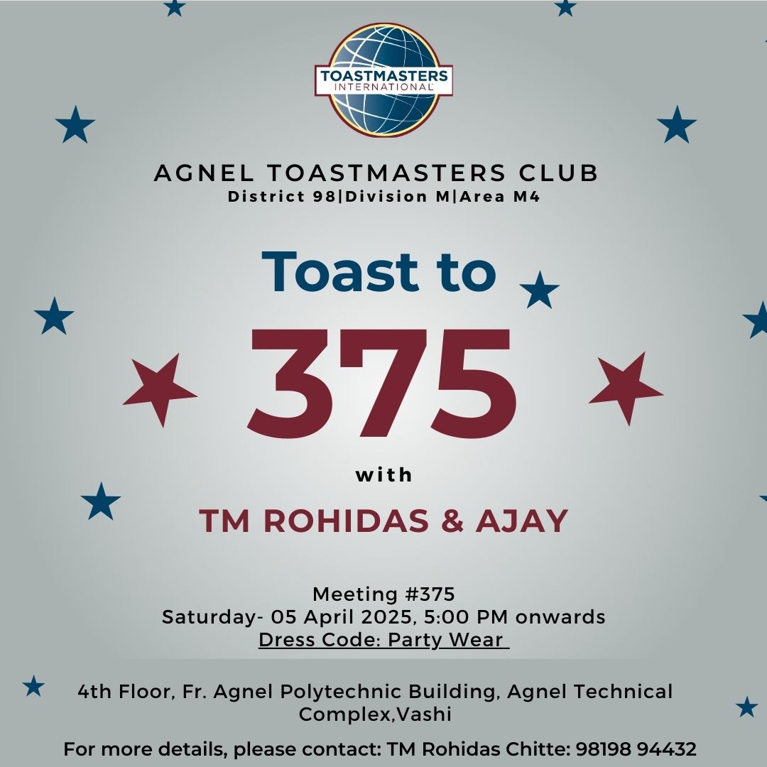 Our 375th Toastmasters meeting on 5th April isn’t just a usual meeting—it’s about fun, engagement, and creating lasting memories! #toastmasters #leadershipskills #presentationskills #vashi #navimumba