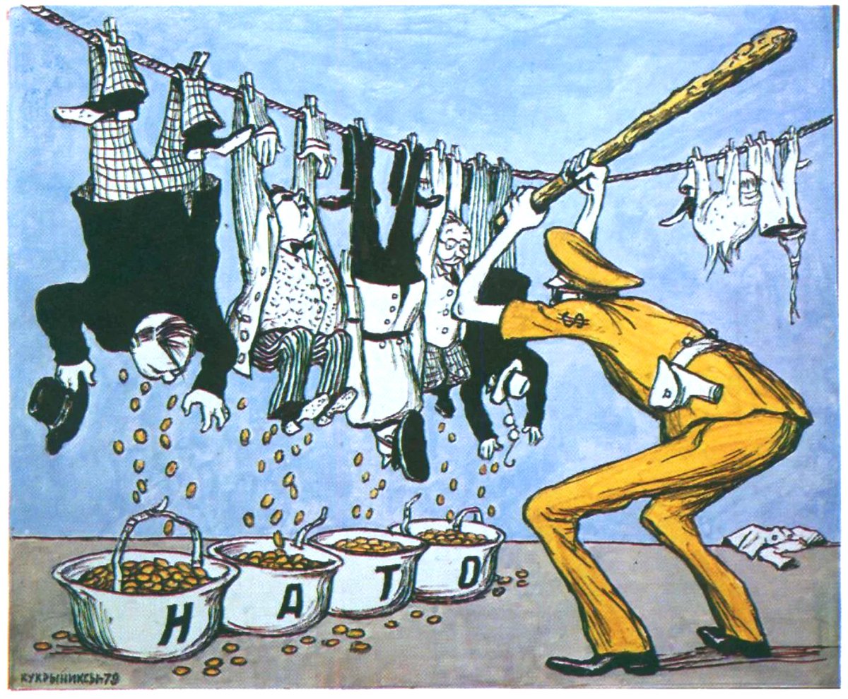 Caricatura soviética que muestra a un oficial militar estadounidense saqueando a sus aliados de la OTAN.

Publicado en la revista Krokodil, 1979.