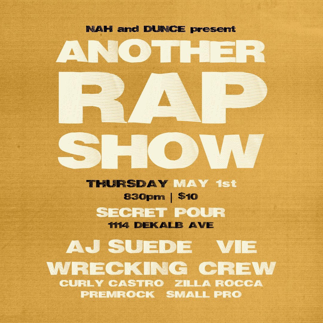 NAHreally (@_nahreally_) on Twitter photo me and <a href="/Duncecap_/">DUNCE // ๐ถ+๐ฅ // The Need to Know</a> are back with ANOTHER RAP SHOW #11 sooner than usual on Thursday May 1st with <a href="/AJSUEDE/">AJ SUEDE</a> <a href="/darksidevie/">V I E</a> and WRECKING CREW (<a href="/ZillaRocca/">Local Sharp Dude</a> <a href="/Curly_Castro/">Curly Castro</a> <a href="/PlanetPremRock/">PremRock</a> <a href="/smallpro/">small professor</a>). DO NOT SLUMBER. me and <a href="/Duncecap_/">DUNCE // ๐ถ+๐ฅ // The Need to Know</a> are back with ANOTHER RAP SHOW #11 sooner than usual on Thursday May 1st with <a href="/AJSUEDE/">AJ SUEDE</a> <a href="/darksidevie/">V I E</a> and WRECKING CREW (<a href="/ZillaRocca/">Local Sharp Dude</a> <a href="/Curly_Castro/">Curly Castro</a> <a href="/PlanetPremRock/">PremRock</a> <a href="/smallpro/">small professor</a>). DO NOT SLUMBER.
