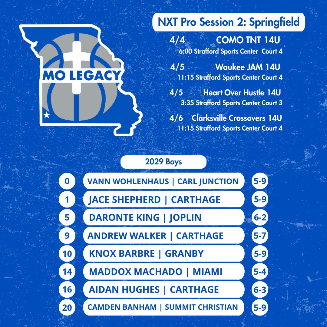 MO Legacy Basketball (@molegacybb) on Twitter photo Today’s the day! 2025 Season officially starts at 6:00pm tonight. Catch our 14U Boys in Springfield, and our 15U, 16U and 17U Boys in Kansas City at <a href="/NxtProHoops/">NXTPRO Hoops</a> Session 2! Today’s the day! 2025 Season officially starts at 6:00pm tonight. Catch our 14U Boys in Springfield, and our 15U, 16U and 17U Boys in Kansas City at <a href="/NxtProHoops/">NXTPRO Hoops</a> Session 2!