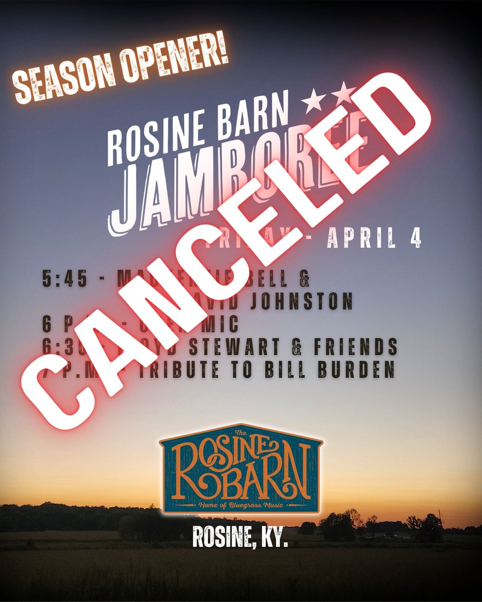 Bad news and some good news. Due to yet another round of bad weather, storms, and flooding, tonight's season opening show is canceled. The good news is that we'll be back at next Friday and all year long with great bluegrass music! #rosinebarn #bluegrass #livemusic #billmonroe