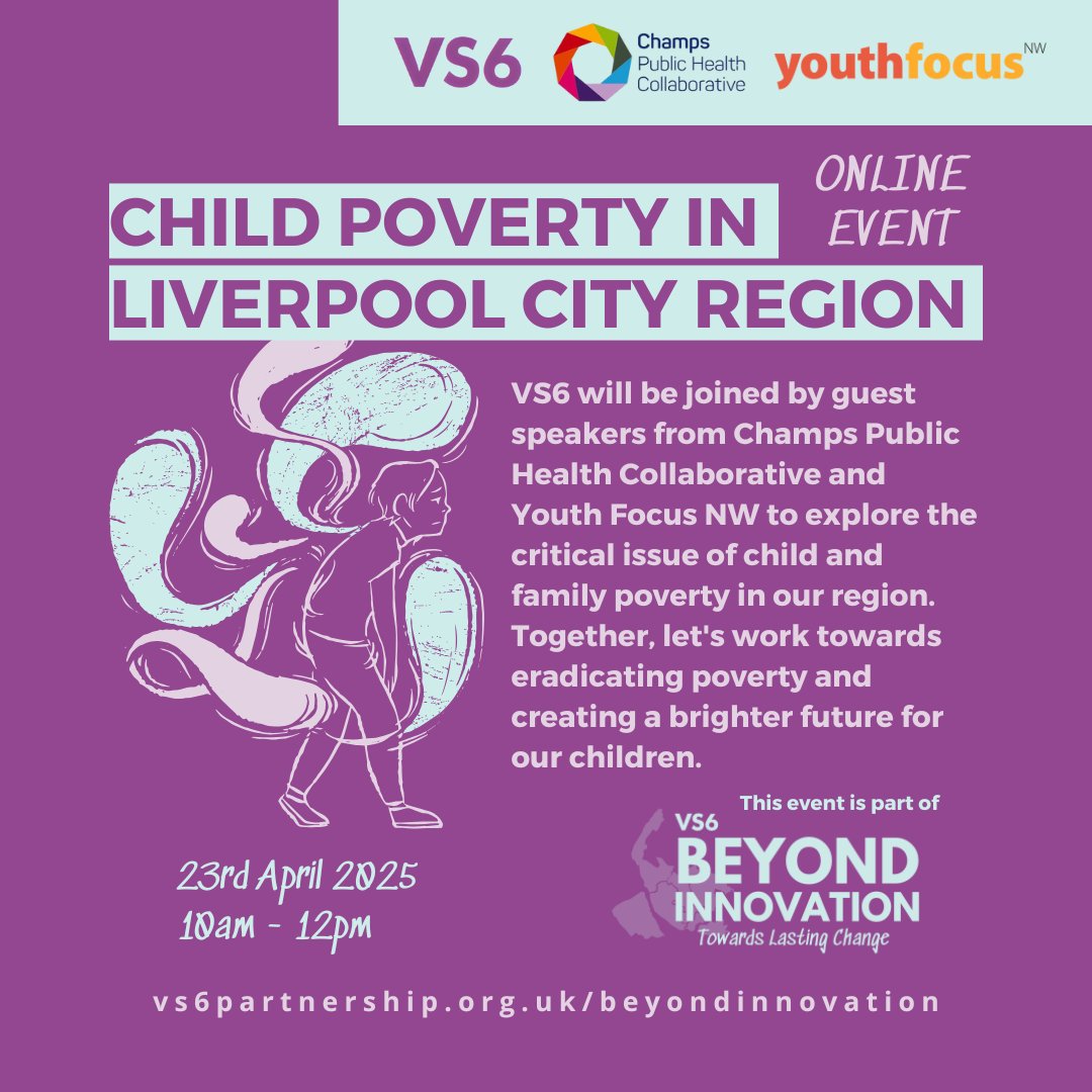 📢 Upcoming Online Event:
Join us and our guest speakers from <a href="/ChampsPHC/">Champs Public Health Collaborative</a> &amp; Youth Focus NW on 23rd April at 10am to explore strategies addressing child poverty.
🔗 Register: vs6partnership.org.uk/events/7t92thp…
#ChildPoverty #VS6BeyondInnovation #LCR