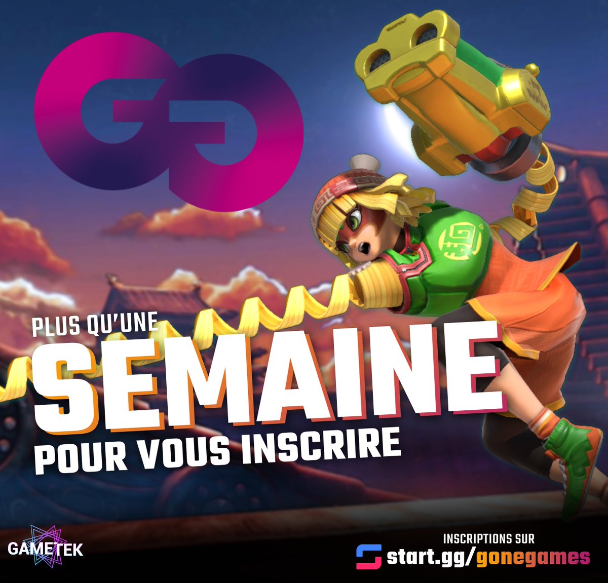 ‼️Plus qu'une Semaine!‼️

A partir d'aujourd'hui, il ne reste plus qu'une semaine pour s'inscrire à Gones Games! Il reste beaucoup de place pour les deux tournois alors n'hésitez pas!

📝: start.gg/gonegames