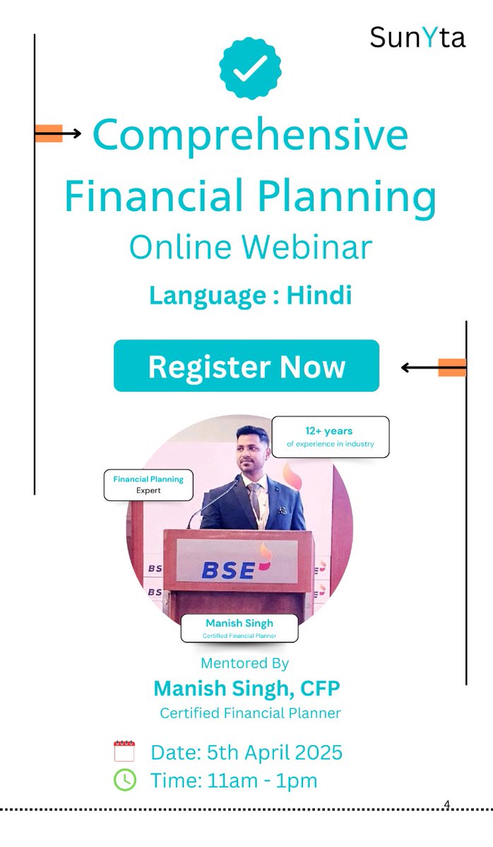 Manishsinghcfp's tweet image. Exclusive Webinar: Comprehensive Financial Planning in Hindi! 

📅 Date: 5th April 2025
⏰ Time: 11 AM – 1 PM (2-hour session)
🌐 Mode: Online (Hindi)

This is your chance to gain financial clarity and take charge of your future. Secure your spot now:
👉 sunyta.com/page/comprehen…