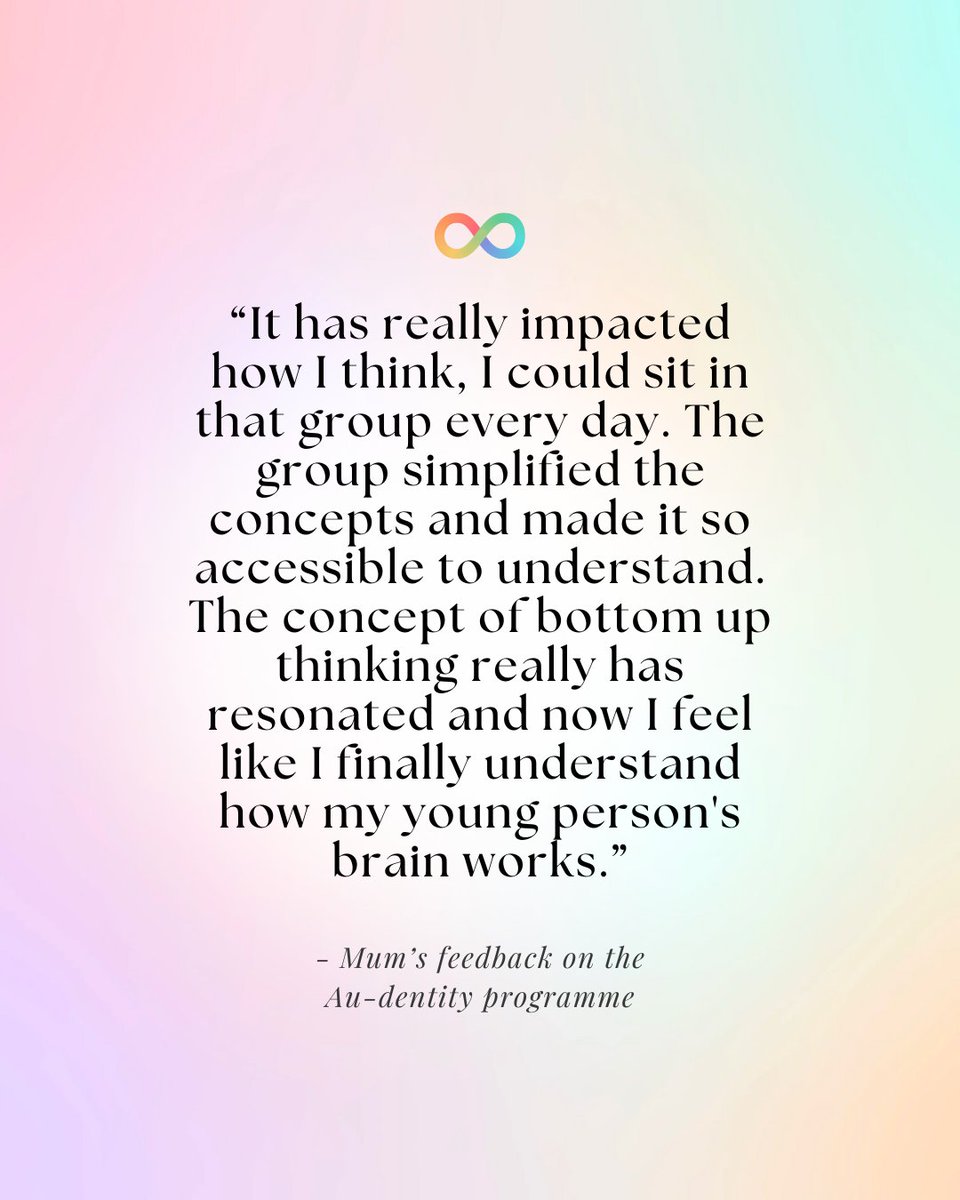 Our Au-dentity group explores a range of concepts &amp; provides information to allow young people to authentically advocate for themselves in a world that was not designed for their neurotype.

A mum recently gave us this feedback on the impact the group has had on her &amp; her family.