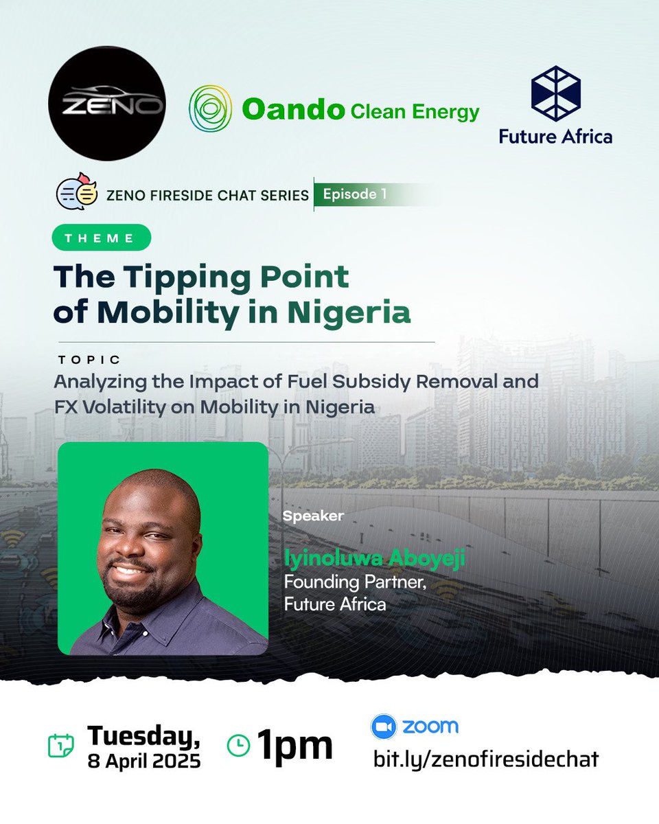 Get ready for a new era of mobility in Nigeria! 

Join us for the first-ever Zeno Fireside Chat Series as industry pioneers Tumi Adeyemi (CEO, Zenolynk Technology), Iyinoluwa Aboyeji (Founding Partner, Future Africa), and Demola Ogunbanjo (President/CEO, Oando Clean Energy)