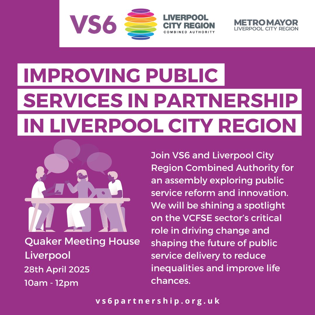 In-Person Event: We're collaborating with <a href="/LpoolCityRegion/">Liverpool City Region</a> and OPSI to explore innovative public service delivery.
For more information and to register: vs6partnership.org.uk/events/public-…
#PublicServiceReform #VCFSE #LCR #Innovation