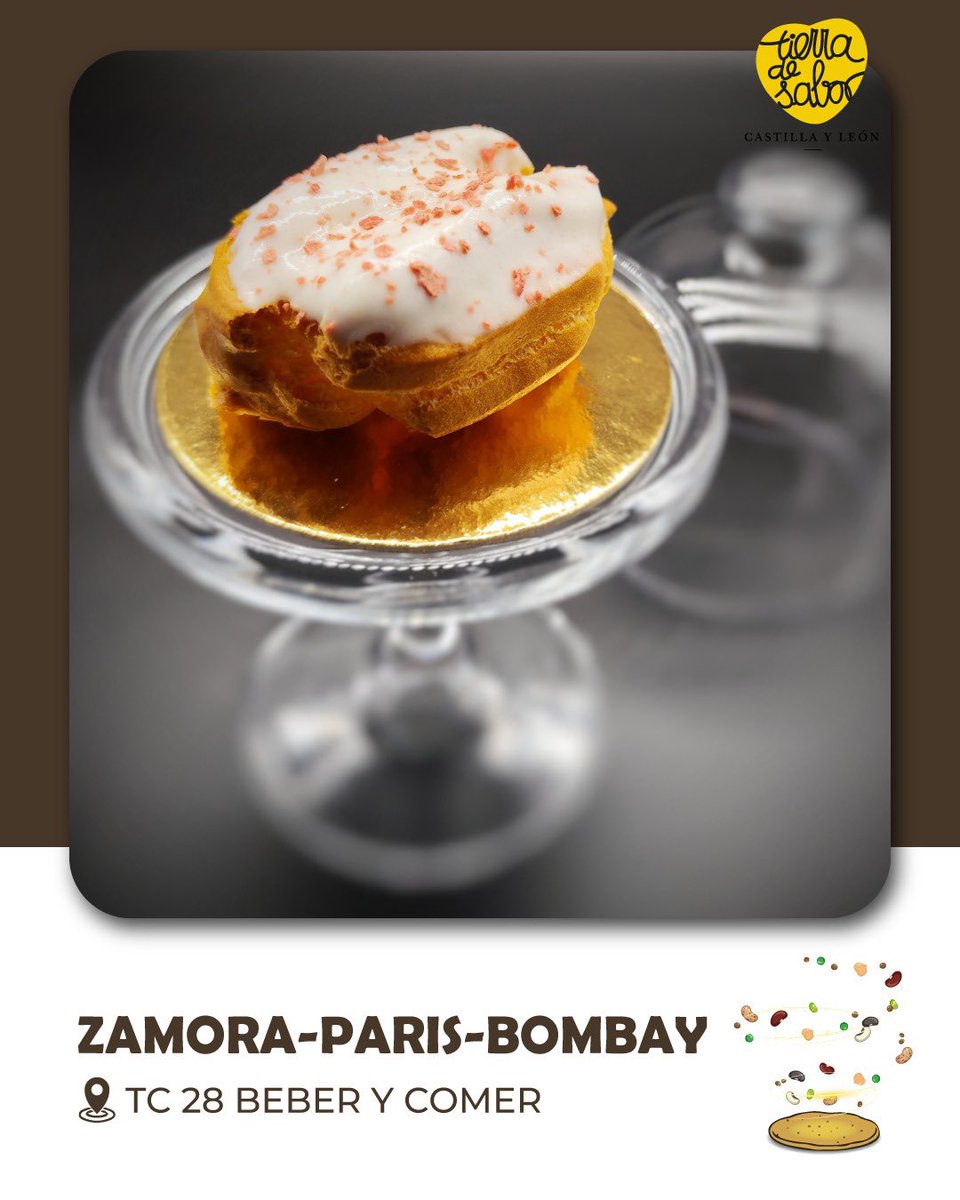 Lo que parece un pastel es un pincho de legumbres. «Zamora-Paris-Bombay» de #MarioFernández describe los tres pilares de la tapa: 
-Su protagonista: el #GarbanzodeFuentasaúcoMG (Zamora)
-El soporte: un eclaire (París)
-El guiso: un chana masala (Bombay)
#desTAPAlasLEGUMBRES