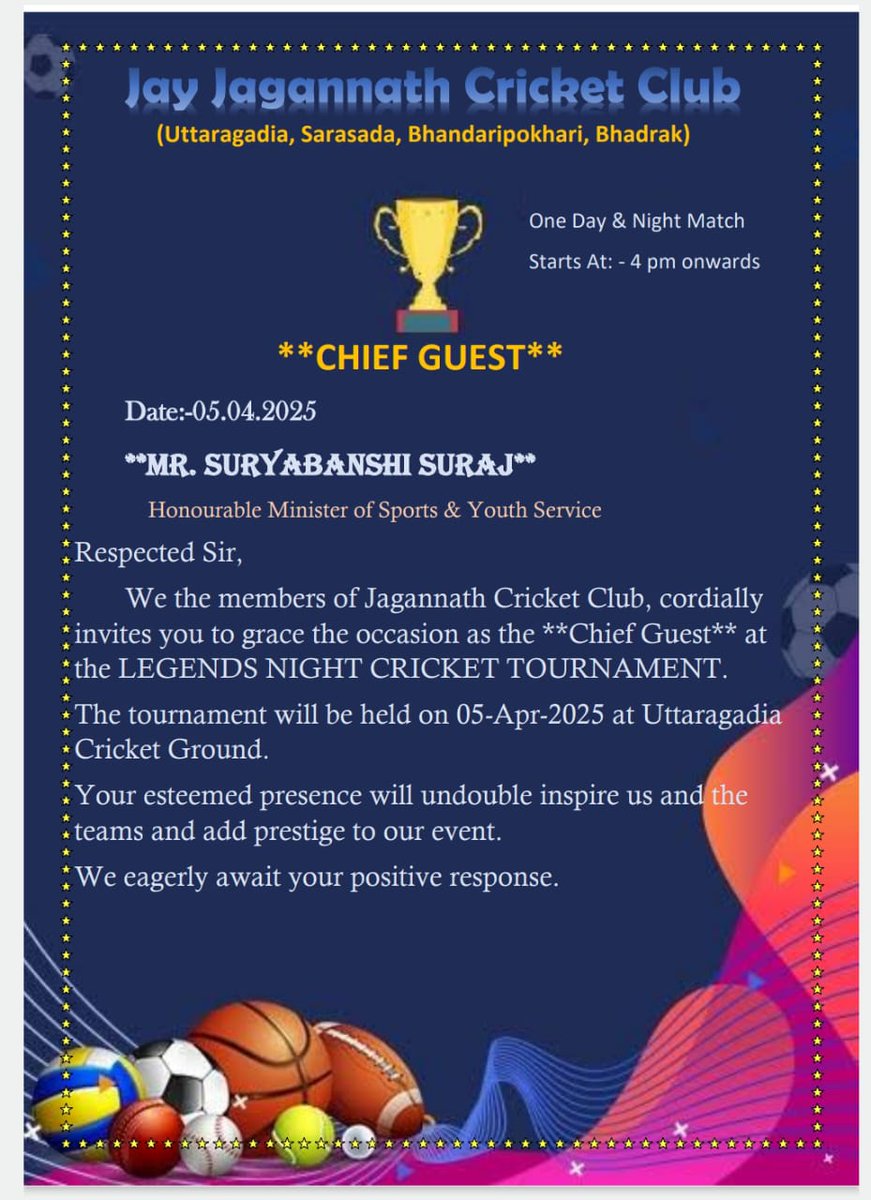 imrajeshSahoo's tweet photo. Your presence will undoubtedly Inspire us and the teams aswell and will add a lots of prestige to the event . Please Consider the Invitation attached. Waiting for your presence eagerly. Please forgive me any mistake I find this the only way to communicate you directly. https://t.co/KOkVe1Vv5u