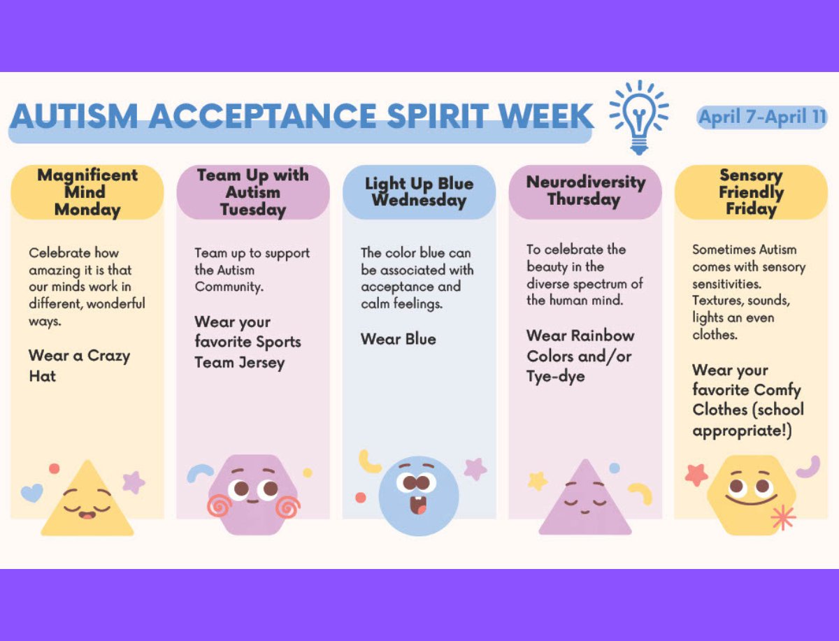 Falmouth Elementary School will be celebrating Autism Awareness Spirit Week April 7th to April 11th.  We hope all our Falcons will be a part of this celebration next week!