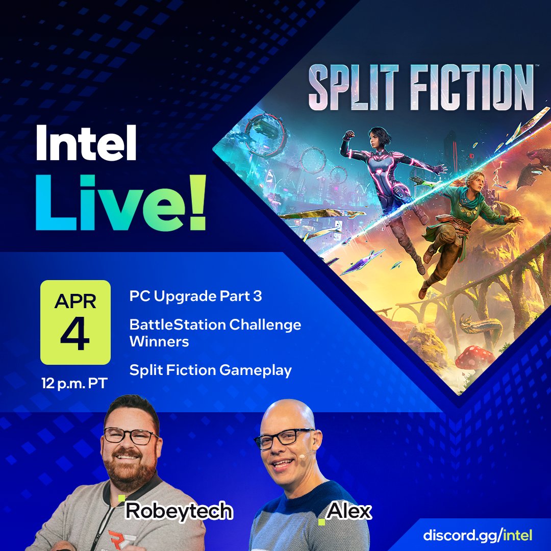 IntelGaming's tweet image. Alex and @robeytech are buddying up for this week’s Intel Live, featuring #SplitFiction, Part 3 of our #PCUpgrade project, and a whole lot more! What will Alex cosplay next? You’ll have to join us to find out!

📆 Apr 4
🕛 12 p.m. PT
🔗 intel.ly/4hZpB7i