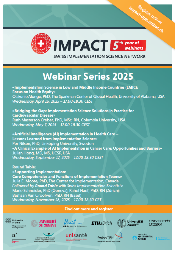 Interested in #ImpSci? 🌍 Don't miss out! Register now for the Swiss Implementation Science Network (IMPACT) Webinar Series covering a range of exciting topics across different #Impsci fields.
🔗 Register here:  nursing.wufoo.com/forms/z1u6ciq8…