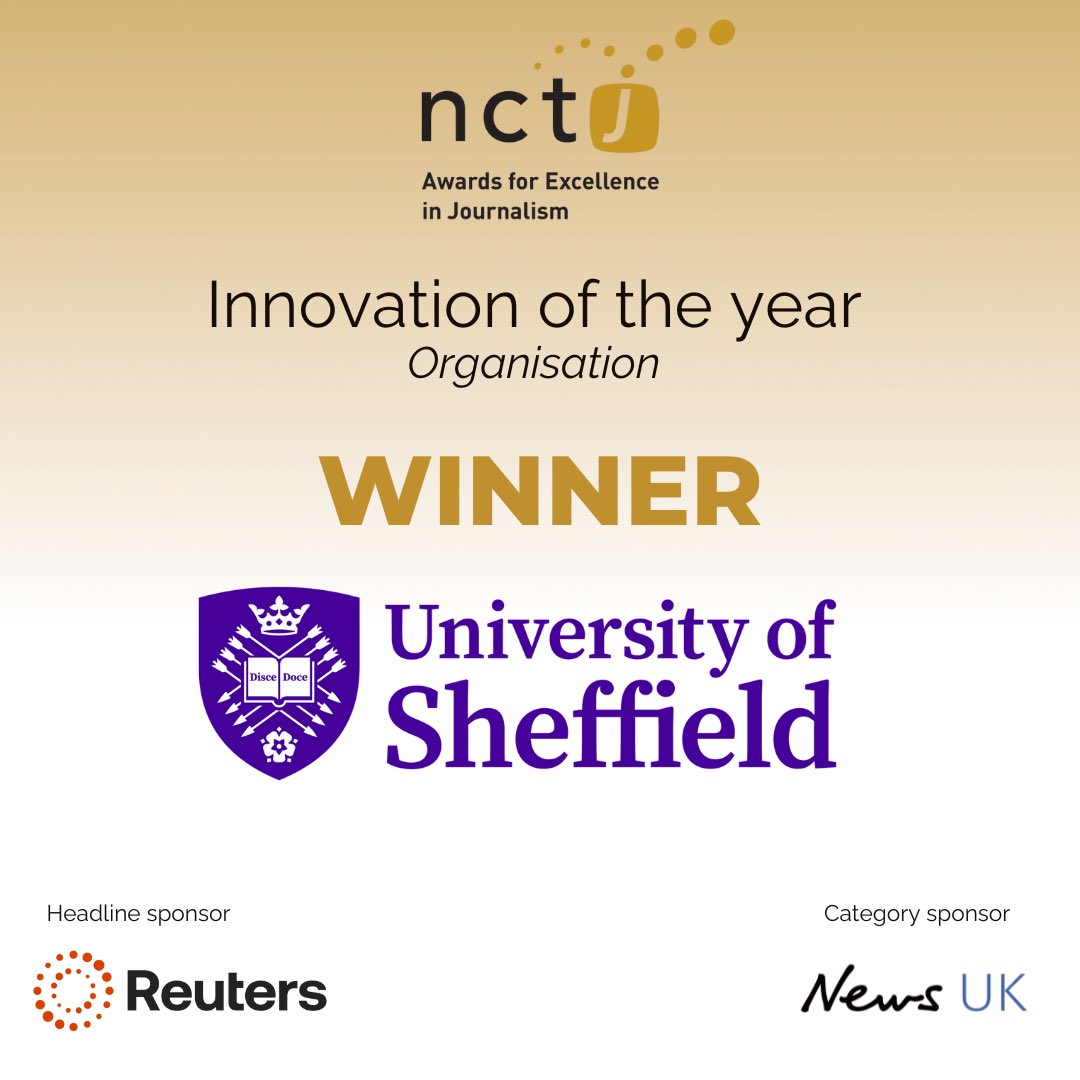 NCTJ (@nctj_news) on Twitter photo First up, the innovation of the year award, sponsored by <a href="/NewsUK/">News UK</a>!
Congratulations to <a href="/sheffjournalism/">Sheffield Journalism</a> and <a href="/Lindsay_Pantry/">Lindsay Pantry</a> for winning with their immersive VR newsgathering workshop 👏
Judges praised it as innovative and groundbreaking.
#NCTJAwards First up, the innovation of the year award, sponsored by <a href="/NewsUK/">News UK</a>!
Congratulations to <a href="/sheffjournalism/">Sheffield Journalism</a> and <a href="/Lindsay_Pantry/">Lindsay Pantry</a> for winning with their immersive VR newsgathering workshop 👏
Judges praised it as innovative and groundbreaking.
#NCTJAwards