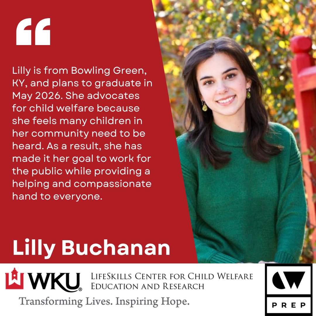 The Child Welfare Prepare, Retain, Engage and Partner Program (CW PREP) is a partnership between the Kentucky Cabinet for Health and Family Services and university undergraduate social work programs. Meet Lilly Buchanan an amazing CW Prep student!
<a href="/CHHS_WKU/">chhs_wku</a>
<a href="/GriffithsPhD/">Austin Griffiths, Ph.D.</a>