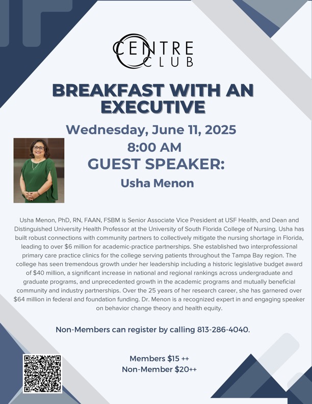 Join <a href="/CentreClubTampa/">Centre Club Tampa</a> June 11th for Breakfast w/ an Executive ft. <a href="/USFNurseDean/">Usha Menon, PhD, RN, FAAN, FSBM</a>, Senior Associate VP at <a href="/USFHealth/">USF Health</a> &amp; Dean at the <a href="/USFHealthNurse/">USF Health Nursing</a>! 🌟 Gain insights from a leader shaping the future of healthcare &amp; nursing education. Don’t miss this opportunity to connect &amp; learn!