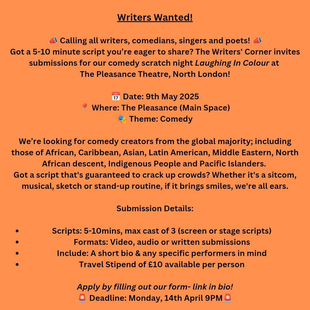 📢 WRITER CALL OUT

Got a funny story to tell? We’d love to hear it! Submit 5–10 mins of comedy for our scratch night at <a href="/ThePleasance/">Pleasance</a> (May 9)

✨Deadline: April 14, 9PM 
✨Link in bio

#TheatreCallOut  #GlobalMajority #ComedyWriters #StageOpportunity
