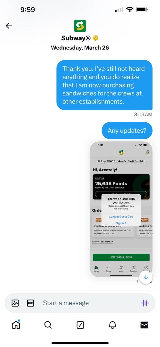 AzeezalyJaffer's tweet photo. @SUBWAY #subway 
Anyone paying attention?  It’s been 3 weeks and no word. https://t.co/T7sGDVKEmh