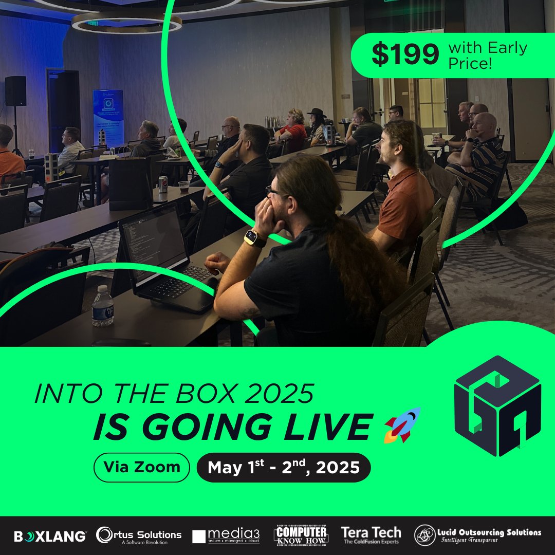 ortussolutions's tweet image. Join Into the Box 2025 Online for just $199! 🎟️ ITB_Virtual_2025.eventbrite.com
Don’t miss your chance to dive into the latest in BoxLang and CFML, with live sessions, expert insights, and lifetime access to recordings.
💻 Stream it all from anywhere — May 1–2
🔥 Spots are limited —…