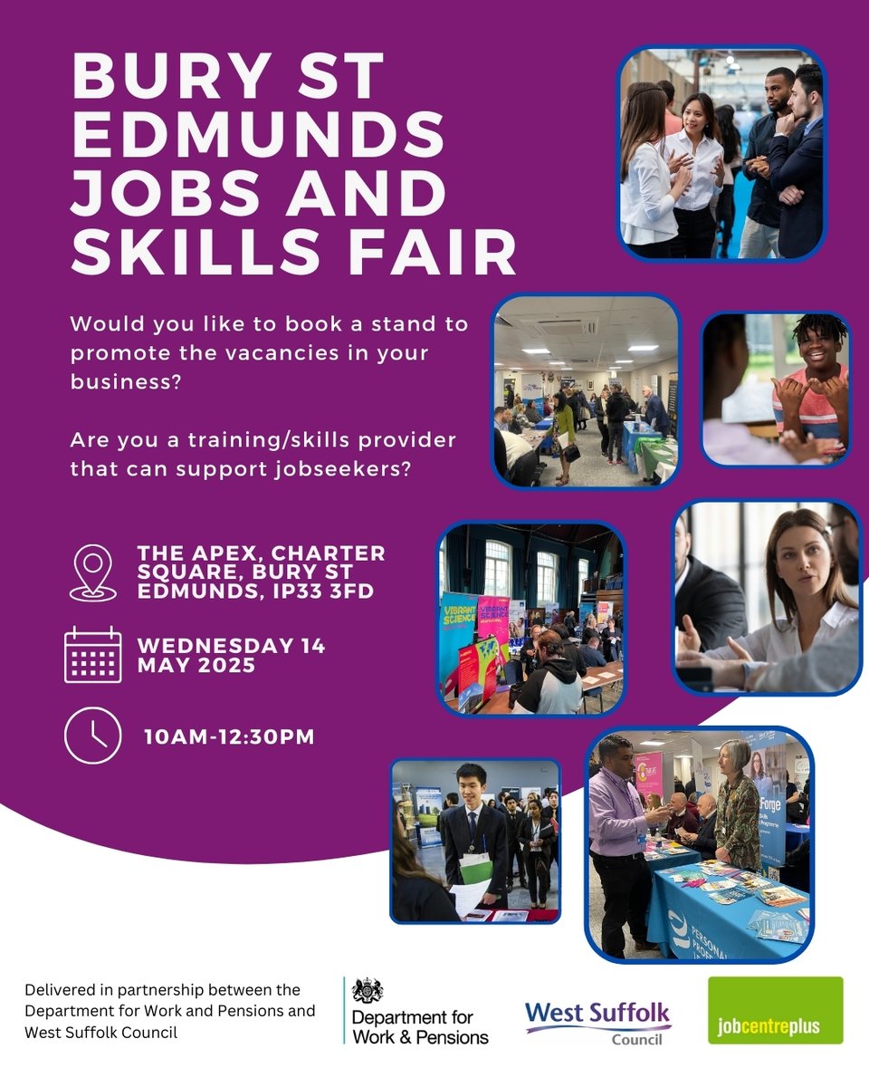 🔈Employers &amp; Training Providers – this one’s for you!

Be part of the Bury St Edmunds Jobs &amp; Skills Fair and build connections. The best part? It’s FREE to book your stall!  🙌 

Email WESTSUFFOLK.EandP@dwp.gov.uk for more information